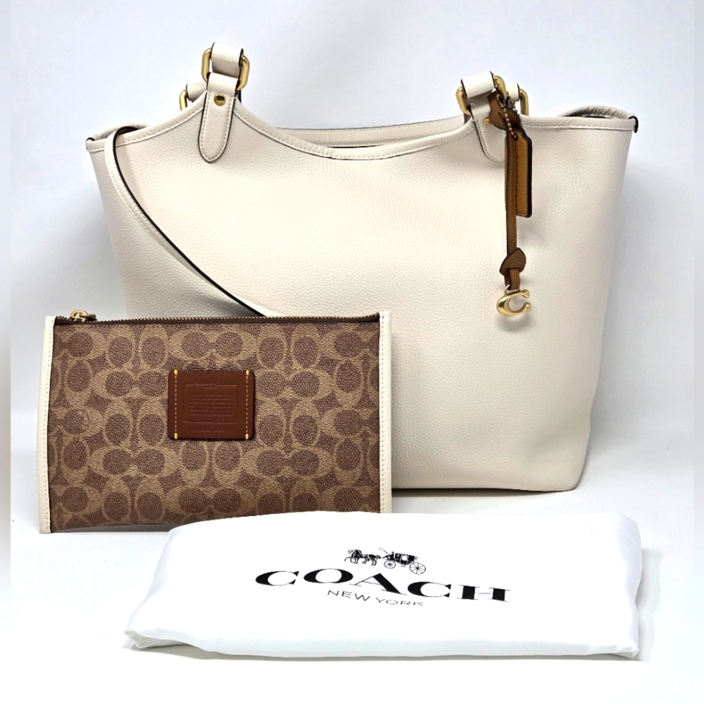 Coach Cream Leather Shoulder Tote with Brown Signature Pouch and Gold Hardware